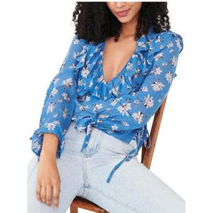 NWT Free People Amanda Ruffle Long Sleeve Blue Wrap Blouse Size S